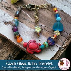 "Bohemian style at its best! This bracelet is handmade from Czech glass, Austrian crystal and an eclectic mix of shapes and colors that even includes a red imitation Howlite turtle!  Antique brass and gold findings, finished with a heart-print lobster claw clasp. Adjusts in length from 6\" to 7.75\"." Bohemian Red Bracelets Made Of Czech Glass, Bohemian Red Czech Glass Bracelets, Bracelets Hippie, Bohemian Beaded Bracelet, Button Necklace, Hippie Bracelets, Christmas Tree Earrings, Pumpkin Earrings, Earring Tree