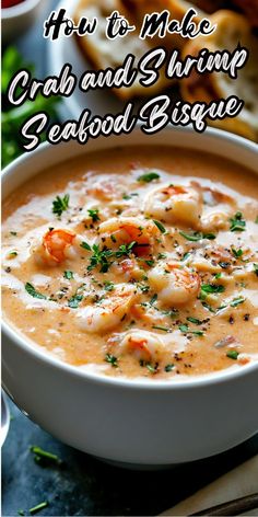 a close up of a bowl of seafood bisque