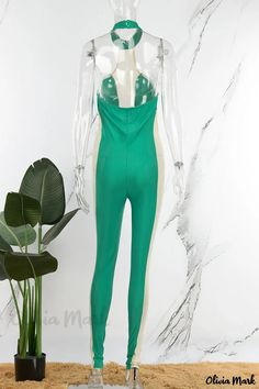 Olivia Mark - Chic Green Contrast Halter Skinny Jumpsuits with Stylish Patchwork and See-through Design Green Stretch Jumpsuits And Rompers For Workwear, Green Fitted Jumpsuits And Rompers For Work, Fitted Green Jumpsuits And Rompers For Work, Green Stretch Jumpsuits And Rompers For Spring, Green High Stretch Jumpsuit For Summer, High Stretch Green Jumpsuit For Summer, Fitted Green Jumpsuit, Jumpsuit Casual, Casual Jumpsuit