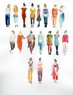 a group of people standing next to each other in front of a white background with watercolor effect