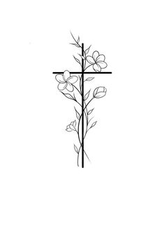 a cross with flowers on it is shown in black and white