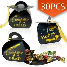 three graduation bags with congratulations grad written on them and some candy in the bag