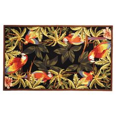 an area rug with tropical birds and leaves on black background, featuring red parrots