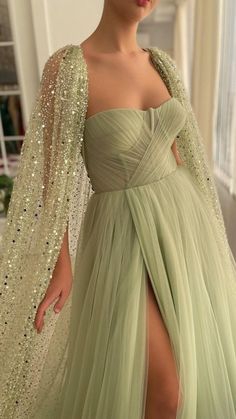 Teuta Matoshi, Split Prom Dresses, Lace Cape, Sparkly Prom Dress, Cape Gown, Custom Prom Dress, Elegant Prom Dresses, Floor Length Gown