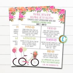 Teacher Appreciation Week Itinerary, Appreciation Bloom Grow Floral Flowers Spring Garden Theme, Schedule Events Printable EDITABLE TEMPLATE Floral Teacher Appreciation, Bloom Teacher Appreciation Week, Teacher Appreciation Garden Theme, Flower Teacher Appreciation, Appreciation Themes, Teacher Appreciation Week Themes, Staff Ideas, Teacher Morale, Staff Appreciation Week