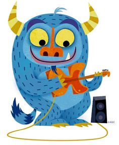 an illustration of a blue monster with horns playing a guitar and singing into a microphone