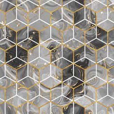 an abstract marble pattern with gold and silver hexagons