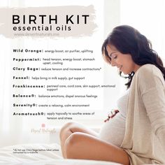 a pregnant woman sitting on top of a bed with her stomach exposed and the words birth kit essentials