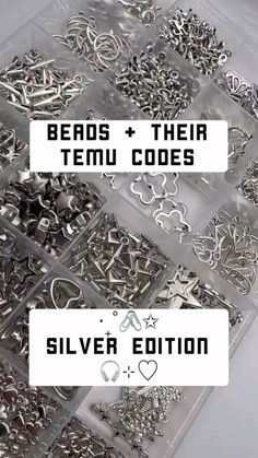 some silver beads and other metal items in a clear box with the words beads and their teu codes