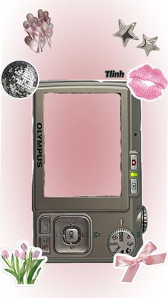 a digital camera with pink lipstick and stars on it's side, surrounded by stickers