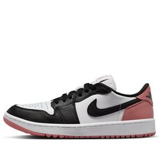 The Air Jordan 1 Retro Low Golf 'Rust Pink' is the perfect combination of style and performance. This sneaker features a white leather base, black overlays, and Swooshes. The highlight of this shoe is the rust pink hue on the back overlays, Jumpman Golf tongue branding, insoles, and golf-specific rubber outsoles. It's perfect for a day on the course or a night on the town. The design is inspired by the iconic Air Jordan 1 silhouette, making it a must-have for any sneakerhead. (AJ1/SNKR/Casual/Unisex/Low Top/Non-Slip/Wear-resistant) Sporty Jordan Shoes With Contrast Sole For Sports, Sporty Jordan Shoes With Contrast Sole, Sporty Training Sneakers With Perforated Toe Box, White Leather Training Sneakers, Sporty Black Jordan Shoes With Perforated Toe Box, Black Sporty Jordan Shoes With Perforated Toe Box, White Sporty Skate Shoes For Training, Sporty White Skate Shoes For Training, Low Air Jordan 1