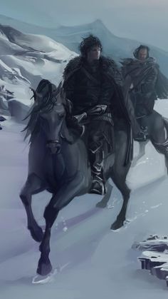 two men riding horses in the snow