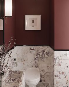 a white toilet sitting under a bathroom mirror next to a wall mounted faucet