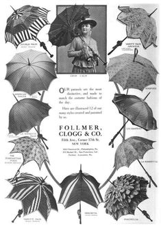 an old advertisement with many different umbrellas in it's display frame, including one woman