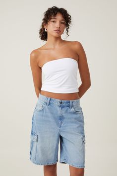 SUPER BAGGY DENIM SHORT Medium Wash Cotton Short Top, Denim Top In Medium Wash, Relaxed Fit Medium Wash Short Top, Denim Tops With Pockets In Short Length, Short Length Denim Tops, Denim Tops With Built-in Shorts In Relaxed Fit, Midi Denim, Baggy Denim, Long Sleeve And Shorts