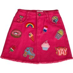 Hot pink denim skirt - Covered in adorable patches - Pair with any top - The perfect skirt for your little ones - Model wearing a size 8 | Lola + The Boys | All About Patch Hot Pink Denim Skirt, (Multicolor, Size 10Y) | Maisonette collects the best children’s products from around the world (unlike Zulily, Etsy, The Tot, Farfetch Kids, Childrensalon, Crate and Kids, Kohls, Wayfair, Buy Buy Baby, Nordstroms, Mini Boden, J.Crew Factory, or PotteryBarn Kids), creating a curated shopping experience f Pink Cotton School Bottoms, Casual Pink Patchwork Skirt, Pink Mini Denim Skirt With Pockets, Pink Denim Mini Skirt With Pockets, Cute Cotton Skirt, Trendy Pink Denim Skirt, Pink Mini Denim Skirt For Summer, Denim Pink Skirt With Pockets, Pink Mini Denim Skirt