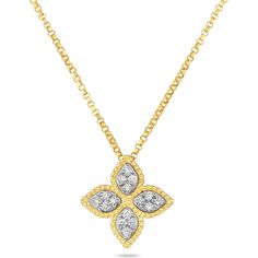 Discover pure elegance with the Princess Flower Medium Diamond Necklace by Roberto Coin. This exquisite piece, part of the Princess Flower collection, encapsulates the very essence of sophistication. Expertly crafted from 18K yellow gold, it features a captivating cluster of four diamond-studded petals, each meticulously detailed with delicate rope edging. Suspended gracefully on an adjustable open-link chain, this necklace radiates a timeless charm that effortlessly complements any attire.Indul Italian Jewelry Designers, Diamond Pendent, Princess Flower, Luxury Jewelry Brands, Historical Jewellery, Flower Collection, Diamond Birthstone, Roberto Coin, Italian Jewelry