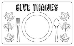 a black and white thanksgiving place setting with the words give thanks