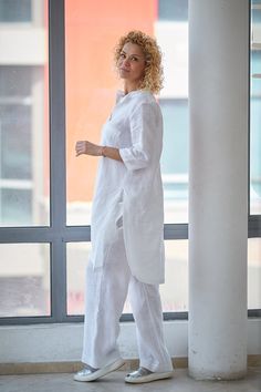 "Women Linen Set, Linen Clothing, Plus Size Linen ♠ Casual style with extravagant touch ideal for your provocative nature. The delicately crafted pieces from natural materials will embrace your body in a perfect fit. Dare to be Visible! ♠ Sizes The model on the picture is 168 cm/5'5\" tall and is wearing size М. Have a look at my Size Chart below to make sure your piece will fit you best. ** PLEASE provide your height, bust, waist and hips measurement if you'd like to have a customized piece! We Linen Casual Outfit, Tunik Linen, White Linen Outfit, White Summer Top, Linen Tunic Shirt, White Summer Tops, Plus Size Linen, White Tunic Tops, Linen Shirts Women