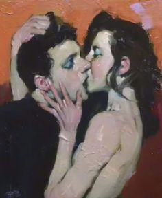 a painting of two people touching each other's foreheads with their faces close together