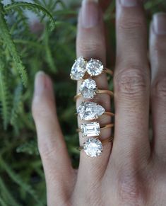 a woman's hand holding three rings with diamonds on them and ferns in the background