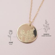 A beautiful way to keep your month in bloom. Our Birthflower Bouquet Necklace proudly displays your birthflower on a graceful pendant to remind you of your special month - no need to water or prune! Choose from 1-4 birthflowers to be engraved on your necklace. Our jewelers combine the flowers into a single and unique bouquet layout and engrave it on your disc. A perfect way to keep loved ones close to your heart and create a unique family pendant. DETAILS: 14kt gold filled or sterling silver Cho Delicate Birth Flower Charm Necklace For Wedding, Wedding Birth Flower Necklace With Flower Pendant, Elegant 14k Gold Birth Flower Charm Necklace, Dainty Flower-shaped Engraved Charm Necklaces, 14k Gold-filled Birth Flower Pendant Necklace, Unique Bouquet, Forever Flowers, Birth Flowers, 14kt Gold