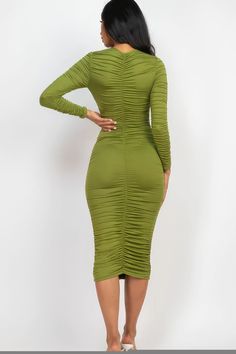 Introducing our Ruched Long Sleeve Midi Dress, a versatile and elegant addition to your wardrobe that effortlessly combines comfort and sophistication. This midi dress, available in the serene Olive Branch color, is crafted from a blend of 92% Polyester and 8% Spandex, ensuring a flattering and flexible fit.  Key Features: 1. Style: Ruched Long Sleeve Midi Dress, offering a versatile and figure-flattering silhouette for an elegant look. 2. Fabric: Crafted with care from 92% Polyester and 8% Span Classic Midi Dress, Womens Denim Dress, Jersey Style, Womens Cocktail Dresses, Dress Measurements, Sleeve Midi Dress, Olive Branch, Long Sleeve Midi, Long Sleeve Midi Dress