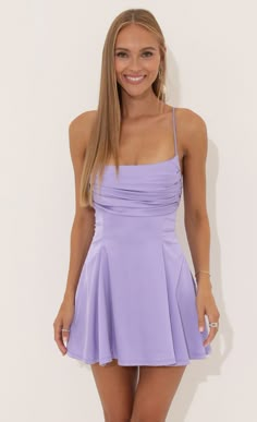 A-Line Dress in Purple | LUCY IN THE SKY Grad Dresses, Dress Spaghetti, Dress With Tie, Lavender Purple, Hoco Dresses, Mini Dresses Summer, Dresses For Teens, Sleeveless Mini Dress, Homecoming Dress