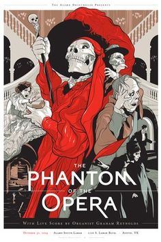 the phantom of the opera poster with an image of a skeleton holding a red umbrella