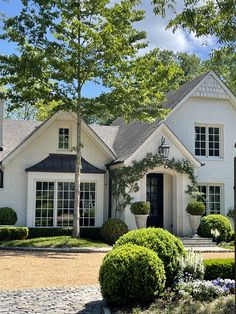 a large white house with lots of windows and bushes in front of the door is surrounded by greenery