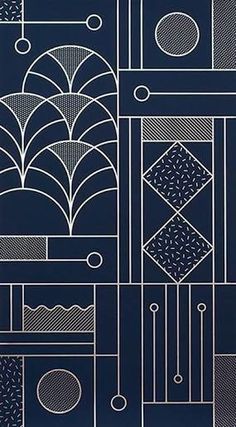 an art deco wallpaper design in navy blue and white, with geometric shapes on it