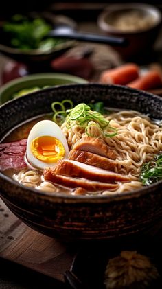 a bowl of ramen with an egg and meat in it on a wooden table