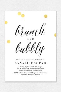 the brunch and bubbly wedding card is shown with gold dots on it