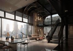 a living room filled with furniture next to a large window covered in glass walls and a spiral staircase