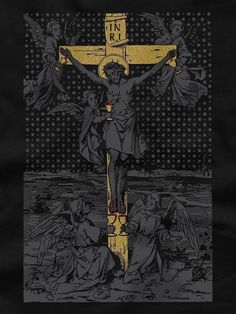 a black and yellow t - shirt with an image of jesus crucified on it