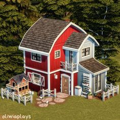 an artist's rendering of a small red and blue house in the middle of trees