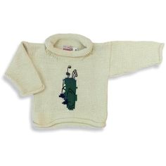 Children's Ivory Green Golf Roll Neck Sweater | The Red Wagon Knitted Cotton Polo Sweater For Fall, Cream Chunky Knit Cotton Top, Cozy Cream Cotton Sweater, Cozy Cotton Hand-knitted Sweater, Cozy Cotton Hand Knitted Sweater, Cozy Hand-knitted Cotton Sweater, Cozy Hand Knitted Cotton Sweater, White Hand Knitted Tops For Fall, Hand Knitted Cotton Top For Fall