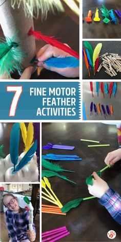 a collage of photos showing different types of feathers and the words 7 fine motor feather activities