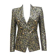 A rare and highly sought after Balmain evening blazer from the Fall 2010 runway collection, designed by Christophe Decarnin. The blazer is in a high quality jacquard fabric with gold-tone lame thread. French 36 / UK 8 / Italy 40 Balmain Runway, Black Military Jacket, Christophe Decarnin, Balmain Jacket, Blazers Black, Jacquard Blazer, Military Inspired Jacket, Cotton Corset, Jacquard Jacket