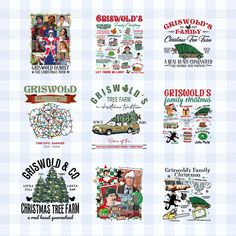 christmas tree farm stickers are shown on a checkered background