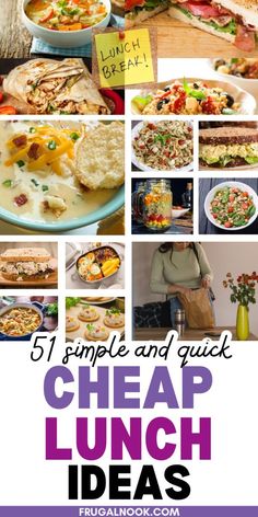 a collage of pictures with the words cheap lunch ideas on it and images of different foods