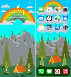 an image of a phone screen with the theme of camping and rainbows on it