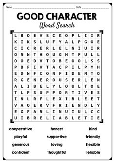 the good character word search is shown in this printable worksheet for kids