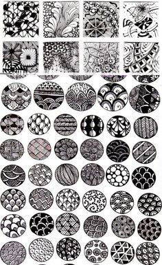 a bunch of black and white circles with different designs on them, all drawn by hand