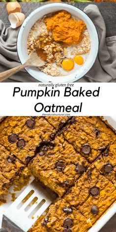 pumpkin baked oatmeal with chocolate chips and eggs in the middle, on top of