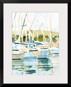 watercolor painting of sailboats in the harbor