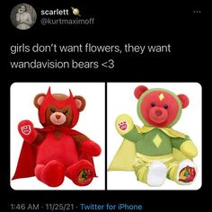 two stuffed animals are shown with caption that reads, girls don't want flowers, they want wanddalvision bears 3 - 3