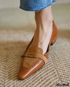 Olivia Mark - Classic Square Toe Slip On Loafer with Suede Patch and Buckle Detail Buckle Loafers, Square Toe Heels, Vintage Patchwork, Pointed Toe Boots, Casual Belt, Wedding Sandals, Loafers Shoes, Gold Shoes, Beige Shoes