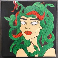 a painting of a woman with green hair and red snakes on her head, in front of a black background