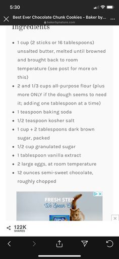 an iphone screen showing the recipe for chocolate chip cookies